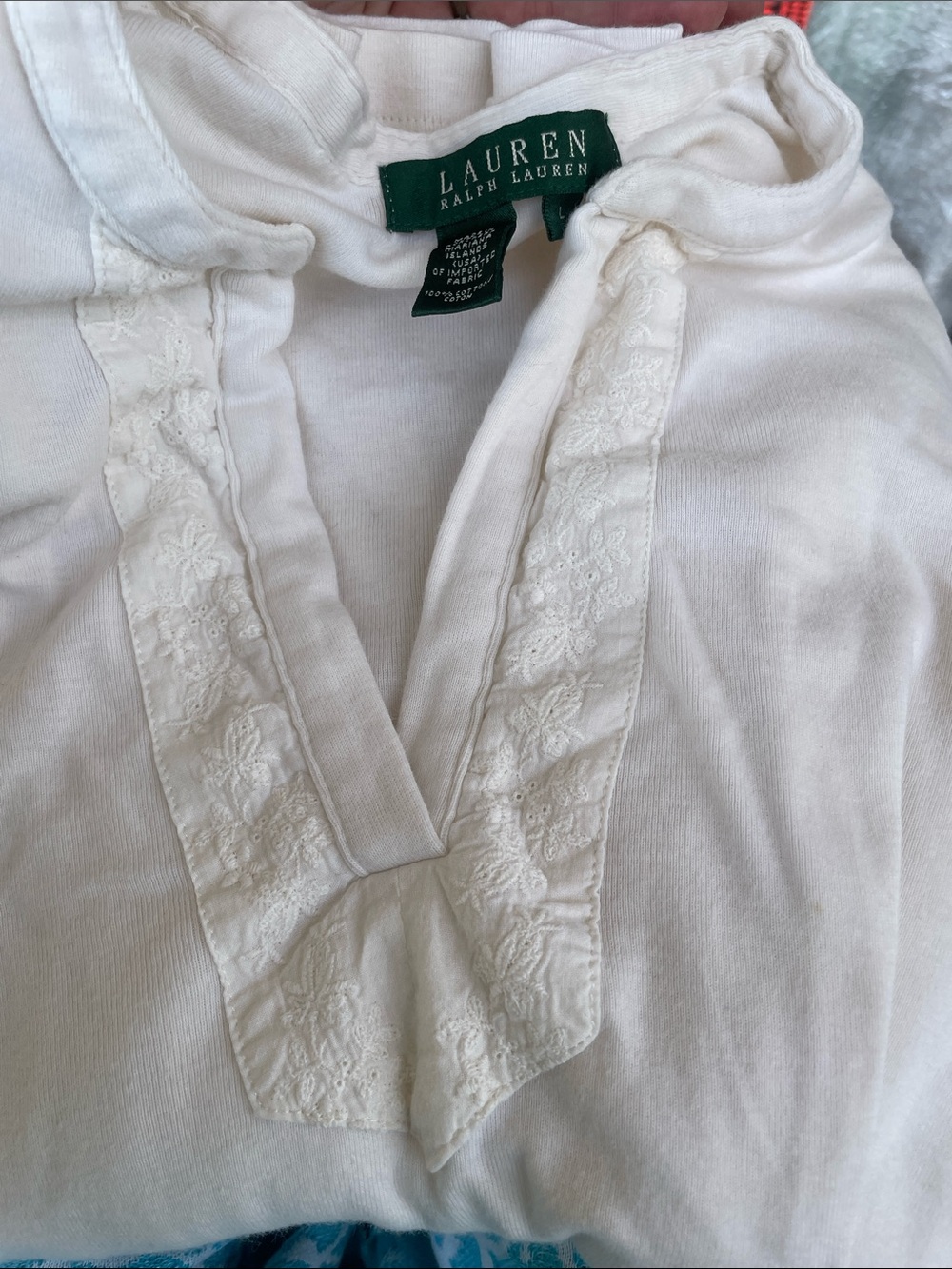 Lauren Ralph Green Label Cream V-Neck Embroidered Sleep Top